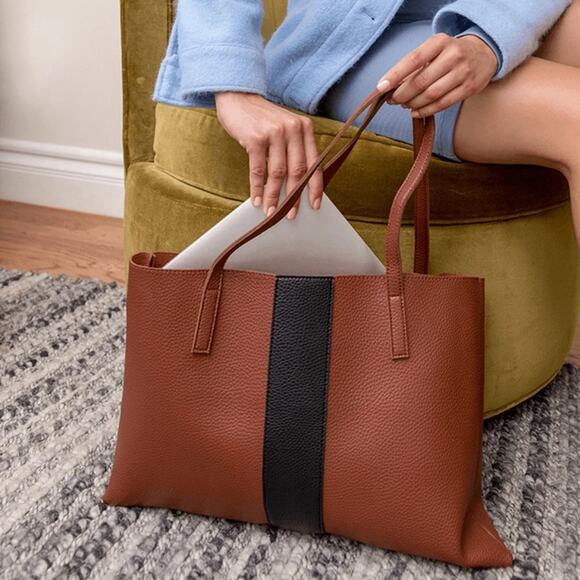 Vince Camuto Luck Tote Chestnut Brown Black Vegan Faux Leather - Picture 1 of 12